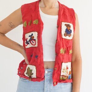 Marisa Christina Red Knit Patch Storybook Teddy Bear Bike Grandmacore Vest XL